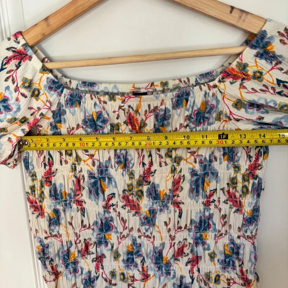 Old Navy Womens Smocked Garden Floral Top Square Neck Short Sleeve White Large